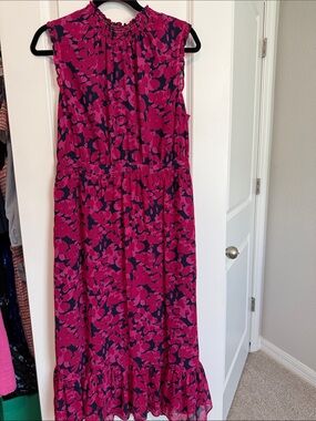 J. Crew Sleeveless Floral Midi Dress in Magenta and Navy